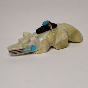 Carved Stone Zuni Badger Animal Fetish with Turquoise Accents Handmade Vintage